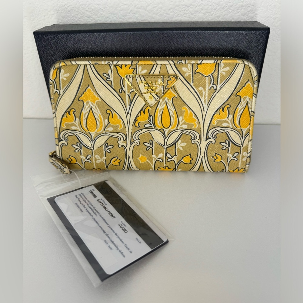 PRADA floral saffiano yellow zip wallet!
